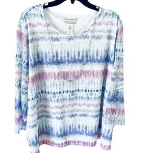 NWT Alfred Dunner "Isn't It Romantic" Ikat Biadere Crew Neck Top w/ Necklace -3X